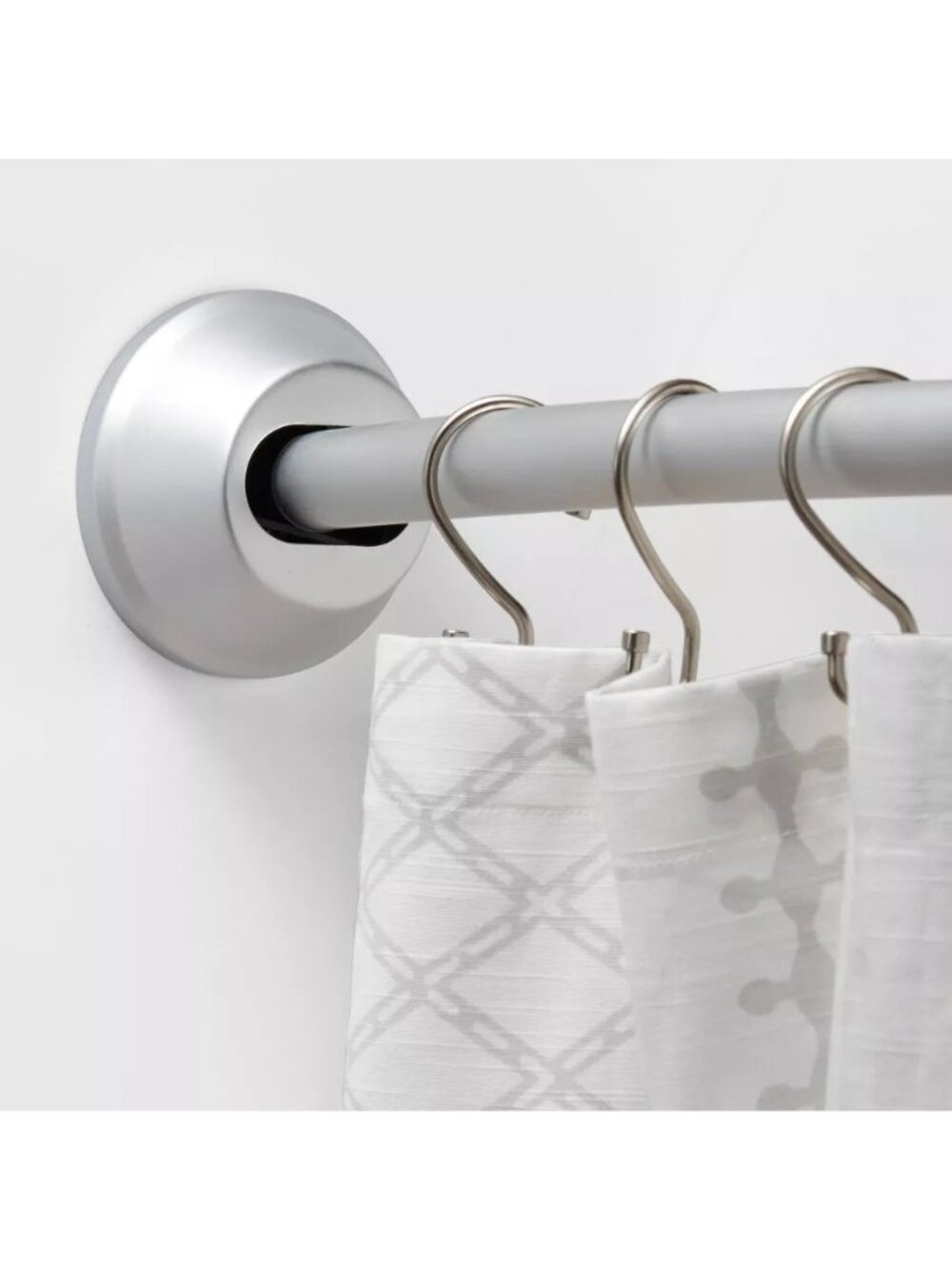 Dual Tension or Wall Mount Curved Shower Rod Silver Tapered End 50" to 72" Long